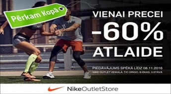 Kvalitatīvi sporta vai ikdienas apģērbi, aksesuāri un apavi! 60% atlaide 1 precei veikalā "Nike Outlet"