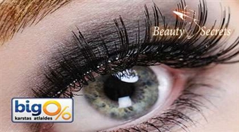 Skropstu ķīmiskā ieveidošana un nokrāsošana + uzacu korekcija salonā  "Beauty Secrets" ar 55% atlaidi! Ilgstošs efekts un izteiksmīgs skatiens!