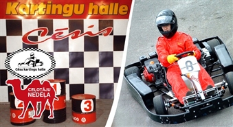 CĒSU KARTINGU HALLE: 10 - минутный заезд на картинге или вкусная трапеза в кафе со скидкой до 50%!