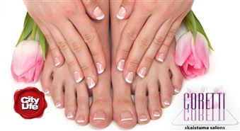 Маникюр с лаком Gelish или аппаратный педикюр + маникюр с лаком Gelish в салоне красоты CORETTI со скидкой до 64%