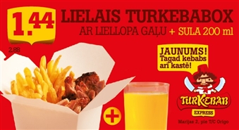 TurKebab Express Marijas ielā 2 piedāvā: LIELAIS TURKEBABOX (liellopa gaļas kebabs + frī kartupeļi) + jogurta, saldā vai asā čilli mērcīte + sula (200 ml) tikai par Ls 1.44! Tagad kebabs arī kastē!