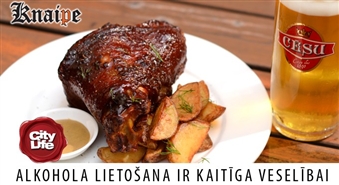Tumšajā alū sautēts un grilēts cūkas stilbiņš + krāsnī cepti kartupeļi + alus kauss (Cēsu Premium 0.5 l) vācu krodziņā KNAIPE – 50%