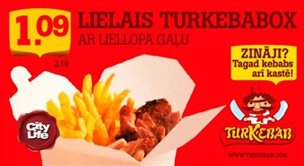 LIELAIS TURKEBABOX (liellopa gaļas kebabs + frī kartupeļi) + jogurta, saldā vai asā čilli mērcīte tikai par Ls 1.09! Tagad kebabs arī kastē!