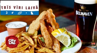 Fish&Chips ar īpašo mērcīti + Wee Heavy alus vai Garneļu salāti un puspinte Blackthorn sidra krodziņā TRĪS VĪRI LAIVĀ – 53%