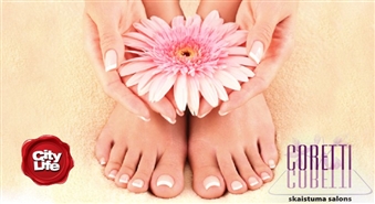 Маникюр с лаком Gelish или аппаратный педикюр + маникюр с Gelish в салоне красоты CORETTI со скидкой до 64%