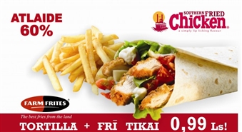 SOUTHERN FRIED CHICKEN piedāvā: tortilla + frī kartupeļi (vidējā izmēra) ar 60% atlaidi! Pērc un baudi, cik vien vēlies!