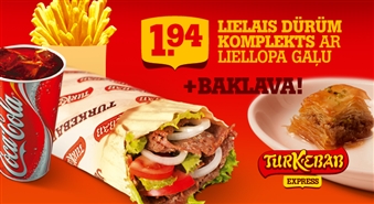 TurKebab Express Marijas ielā 2 piedāvā Lielo dürüm komplektu (liellopa gaļas dürüm kebabs + frī kartupeļi + Coca Cola 0.4 l) un saldo gardumu baklavu tikai par Ls 1.94! Ņem kaut 5 un dalies ar draugiem!