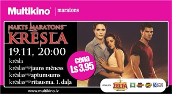 Kino Maratons KRĒSLA kinoteātrī MULTIKINO: filmas KRĒSLA, JAUNS MĒNESS, APTUMUSUMS un pirmizrāde filmai RĪTAUSMA 1. DAĻA – 75%