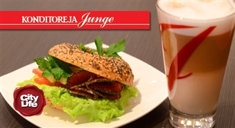 Iekožam garšīgi! Bagele ar salami + Latte Machiatto XL no Junge.lv tikai par Ls 1.48!