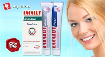 Комплект LACALUT: средство для полоскания рта + зубная паста Lacalut Fluor + зубная паста Lacalut White в магазинах SUPERLATS по всей Латвии – 40%
