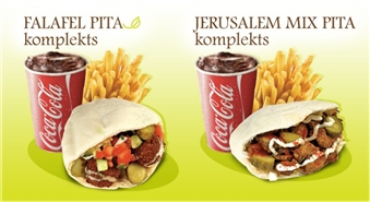 FALAFEL KING piedāvā: FALAFEL PITA komplekts vai JERUSALEM MIX PITA komplekts tikai par Ls 1.49! Baudi Tuvo Austrumu gardumus tepat Rīgā!
