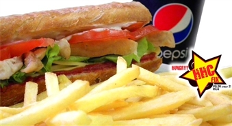 HHC FIX piedāvā: lielais bagetes vai īpašā burgera komplekts ar lielajiem frī kartupeļiem un Pepsi 0.3 l tikai par Ls 1.29! Nāc un iekod garšīgi!