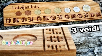 Unikāls suvenīrs! Koka statīvs ar latviskiem ornamentiem monētu kolekcionēšanai!