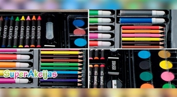 Zīmēšanas, krāsošanas un gleznošanas piederumi divos glītos koka koferīšos