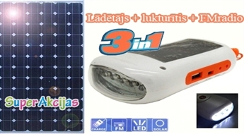Nepalieciet bez sakariem! LED lukturis + lādētājs telefonam + FM radio, kas darbojas ar saules baterijām!