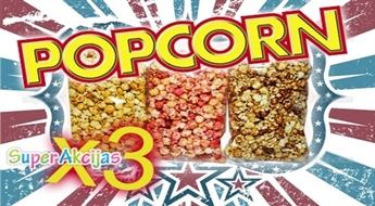 3 dažādu garšu popkorns - nogaršojiet visas! Veselīgs kārums! 3 iepakojumi - tikai Ls 0.99!
