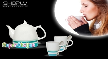 Керамический комплект Romix из электрочайника, двух кружек и двух ложечек бирюзового или оранжегого цвета!
