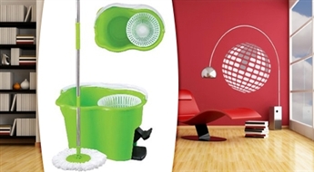 Easy Magic Mop Spin komplekts grīdas mazgāšanai: 2 mikrošķiedras mopi + teleskopisks kāts + spainis ar īpašo mazgāšanas/žāvēšanas ierīci – 52%