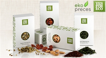 EKOPRECES.LV: "Yes For Eco" bio-produktu komplekts (piparmētru, kumelīšu un roibuša tēja + karamelizētas un sālītas mandeles) - 50%