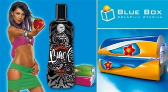 BLUE BOX: 1 sauļošanās reize  + solārija krēms Australian Gold Hardcore Black (10ml) – 45%