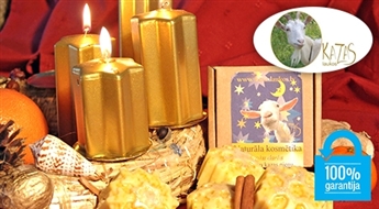 Brīnišķīga dāvana svētkos: dabīgās kazas piena ziepes „Zelta sniegpārsla” vai mirdzošais ķermeņa sviests "Sparkling" - 50%