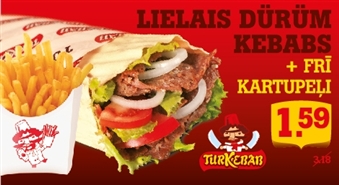 Lielais Dürüm kebabs + frī kartupeļi jebkurā TURKEBAB filiālē - 50%