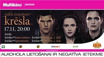 Kino Maratons KRĒSLA kinoteātrī MULTIKINO: filmas "Krēsla", "Jauns mēness", „Aptumsums”, "Rītausma. 1. daļa" un pirmizrāde filmai "Rītausma. 2. daļa" - 80%