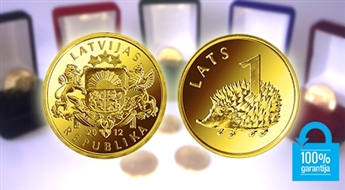 Oriģināla un aktuāla dāvana! Apzeltīta viena lata monēta „Ezis” (pārklāta ar īstu 999,9 proves zeltu) - 50%