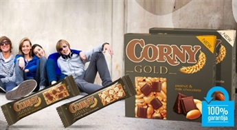 Kraukšķīgie CORNY GOLD graudaugu batoniņi (24 gab.) ar baltās šokolādes vai piena šokolādes gabaliņiem - 51%
