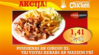 SOUTHERN FRIED CHICKEN: girosa pusdienas XL (giross, lielā frī kartupeļu porcija, salāti, tomātu un turku jogurta mērce) vai vistas kebabs + mazie frī kartupeļi - 40%