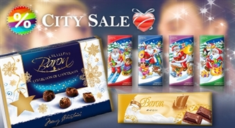 Valentīna diena saldumiem pilna! Komplekts: 1 piena šokolādes tāfelīte „Baron” (50g)+ konfekšu paka „Merry Christmas” (115g)+ 1 lielā piena šokolādes tāfelīte „Baron” (300g) ar 56% atlaidi!