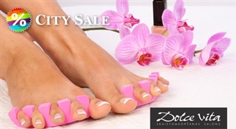 DOLCE VITA: аппаратный педикюр или аппаратный педикюр + Gelish Harmony со скидкой 50%!