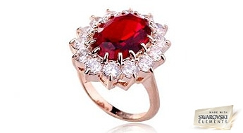 Яркое кольцо “Камелия” с золотым напылением (18KGP) и крупным красным кристаллом Swarovski Elements™ в центре и чередой белых!