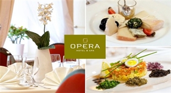 „Opera Hotel & Spa” piedāvā: 2 porcijas laša tartars ar avokado, kaperiem, trifeļu eļļu, Izsmalcinātu sieru izlase, 2 glāzes baltvīna