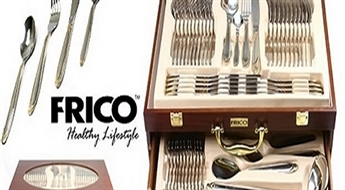 60Ls/85.37€ par luksusa nerūsējošā tērauda galda piederumu komplektu "Frico" 12 personām ar parocīgu čemodānu!