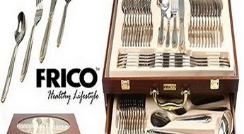 60Ls/85.37€ par luksusa nerūsējošā tērauda galda piederumu komplektu "Frico" 12 personām ar parocīgu čemodānu!