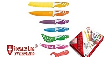 No 13.99Ls/19.91€ par krāsainiem un asiem ar keramiku pārklātiem nažu komplektiem "Royalty Line Switzerland"! DĀVANĀ - kvalitatīvs mizotājs!