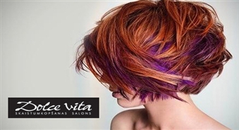 Matu krāsošana + griezums + maska + ieveidošana salonā „Dolce Vita”-62%