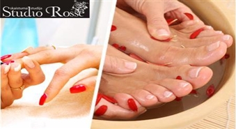 Eiropiešu manikīrs un pedikīrs ar laku vai Shellac nagu pārklājumu skaistumkopšanas salonā «Studio Rosse»