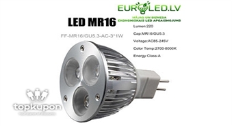 Taupiet līdz pat 85% elektrības izmantojot jaunās paaudzes LED spuldzes. Akcija no EUROLED.lv Enerģiju taupošās LED gaismas diodes – GU10 – 220V, MR16 – 12V, ar atlaidi 55%!