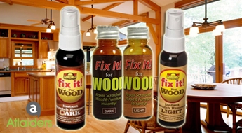 2 aerosoli FIX IT! skrāpējumu novēršanai uz koka virsmām vai komplekts  FIX N RENEW koka virsmu tīrīšanai, atjaunošanai un skrāpējumu novēršanai ar 63% atlaidi!