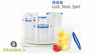 Praktiska dāvana, kas noderēs katrai saimniecei! Komplekts no 49 pārtikas konteineriem “Lock, Stock, Spin” kas izkārtoti ērtā stendā – 10.99 EUR!