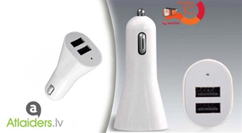 12V/24V auto piepīpētāja ligzdas lādētājs-adapteris ar 2 USB ligzdām!