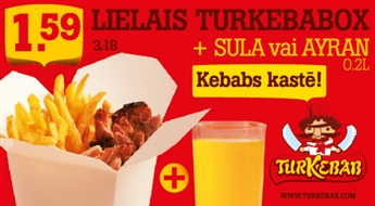 TurKebab: LIELAIS TurKebabox (liellopa gaļas kebabs + frī kartupeļi) + sula vai Ayran - 50%