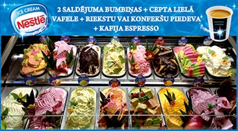 Divas (jebkuras) Nestle saldējuma bumbiņas + lielā, ceptā vafele + konfekšu vai riekstu piedeva + Espresso kafija - 48% Piedāvājumu vari izmantot līdz pat jūnija beigām!