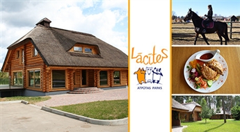 Atpūtas parks LĀCĪTES: nakšņošana guļbaļķu mājiņā 2 personām + vakariņas un brokastis + izjāde ar zirgu – 51%