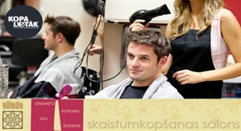 Īstiem džentlmeņiem: Perfekts griezums vīriešiem + relaksējoša, matu augšanu stimulējoša galvas masāža salonā ELLADA par 5.40 Ls