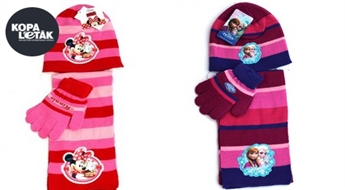 MEITEŅU KOMPLEKTS: Cepure, šalle, cimdiņi ar Mickey Mause un Frozen multfilmas varoņiem!