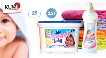 Гипоаллергенный стиральный порошок SONET Baby + смягчитель Sensitive для нежной стирки детских вещей -53%