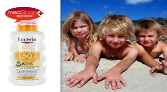 Eucerin KIDS SPF 50+, augstas aizsardzības izsmidzināms sauļošanās losjons bērniem.